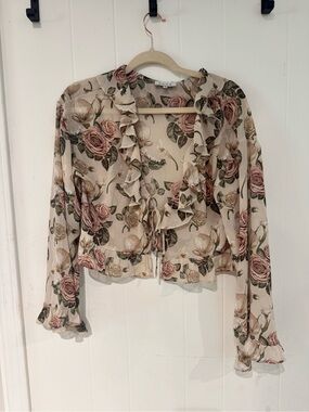 ACOA Floral Ruffle Tie-Front Cropped Blouse - Beige/Pink M